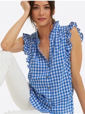 Draper James Blue Gingham Ruffle Sleeveless Top